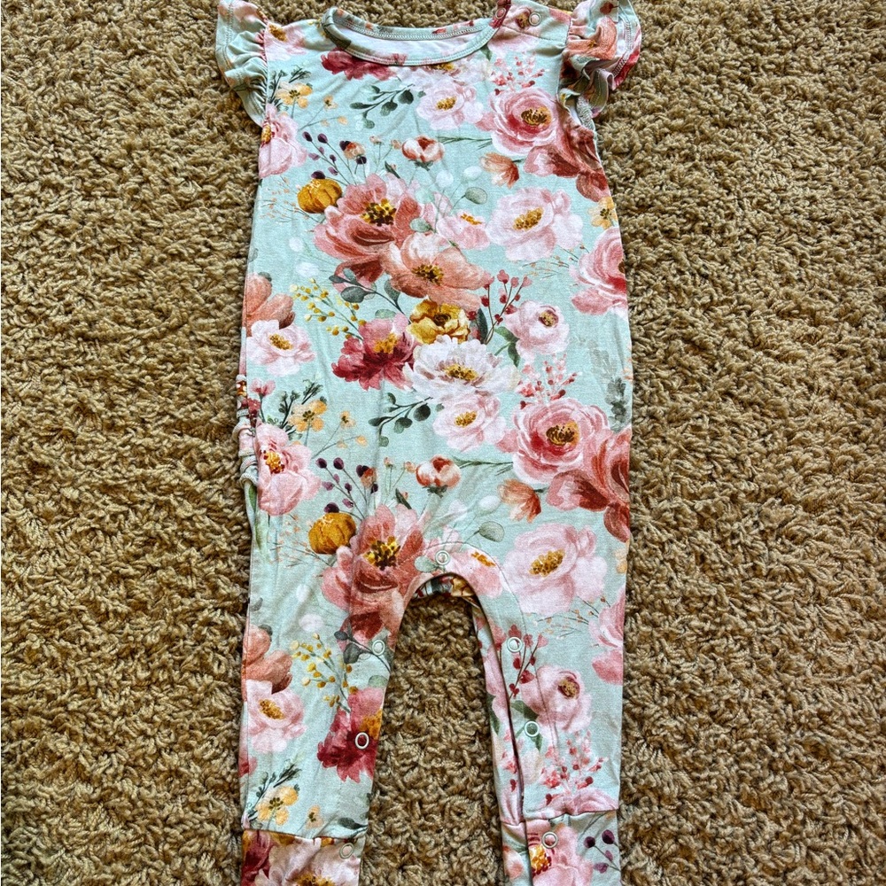 Posh Peanut Floral Kids Romper in Pink and Green